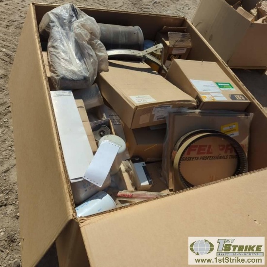 1 BOX. MISC HEAVY EQUIPMENT AND TRUCK PARTS, INCLUDING: AIR BAG, FILTERS, BELTS, GASKETS, CAT, DONAL
