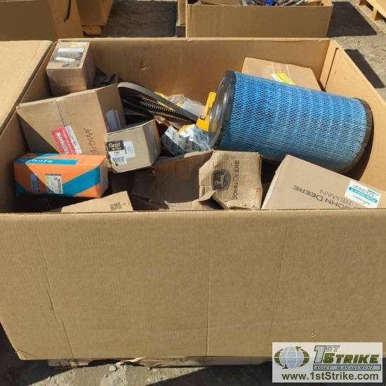 1 BOX. MISC HEAVY EQUIPMENT AND TRUCK PARTS, INCLUDING: FILTERS, BELTS, BRAKE COMPONENTS, CAT, KUBOT