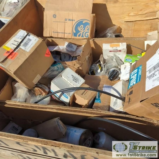 1 BOX. MISC EQUIPMENT PARTS INCLUDING SULLAIR, CAT, TUCKER, SNOW CAT, JOHN DEERE, DONALDSON FILTERS