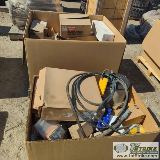 2 BOXES. MISC HEAVY EQUIPMENT AND TRUCK PARTS, INCLUDING: HOSES, FILTERS, SEALS, LIGHTS, PACCAR, HIT