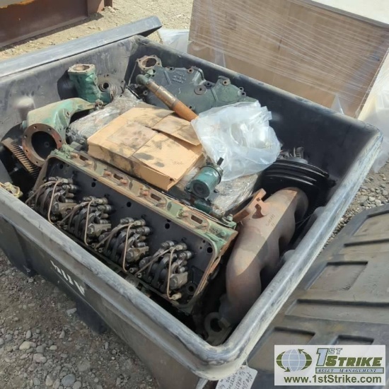 1 CRATE. ENGINE PARTS INCLUDING: 4 CYLINDER DETROIT DIESEL ENGINE