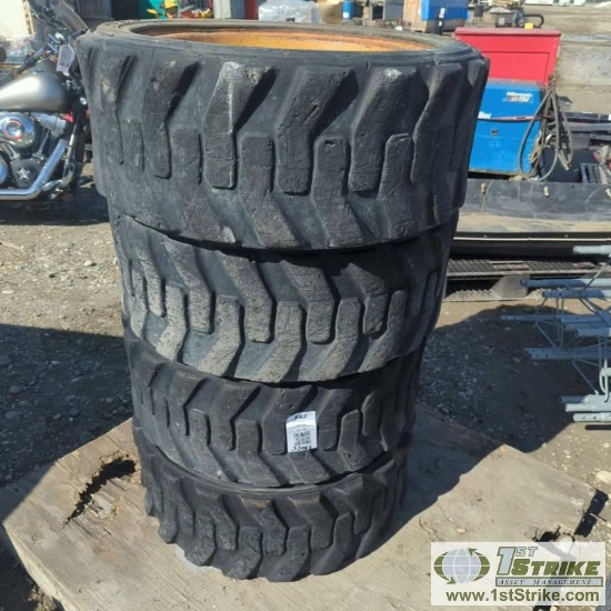 4 EACH. SKIDSTEER TIRES, TITAN LSW G9A, LSW 305-546 NHS, WITH WHEELS TO FIT CAT