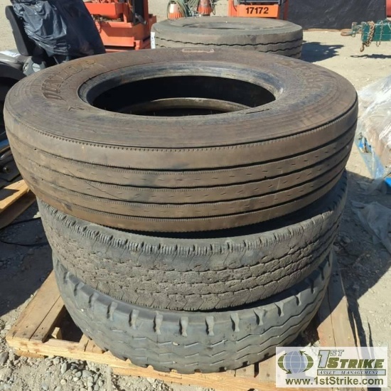 3 EACH. HEAVY TRUCK TIRES, 11R24.5. 1EA ALUMINUM RIM, 1EA STEEL RIM