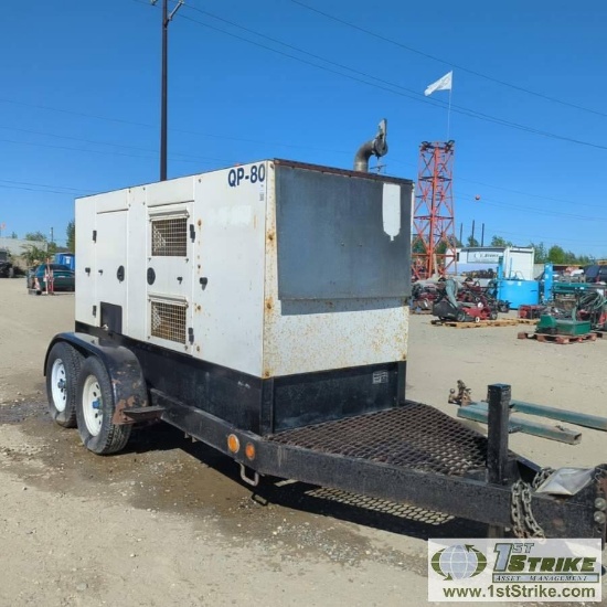 GENERATOR, 2013 HANCO MODEL QP 80, 60KW, 120/240/480 VOLT, 4CYL PERKINS DIESEL ENGINE, TANDEM AXLE T