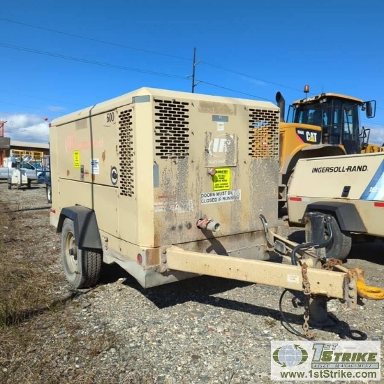 AIR COMPRESSOR, 2008 INGERSOLL RAND P600 WIR, 6CYL JOHN DEERE DIESEL, SINGLE AXLE TRAILER MOUNTED