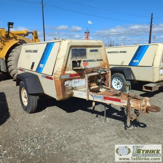 AIR COMPRESSOR, INGERSOLL RAND 185, JOHN DEERE 4CYL DIESEL, SINGLE AXLE TRAILER MOUNTED