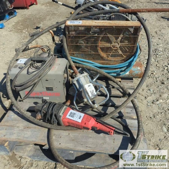 1 PALLET. MISC TOOLS INCL: 1EA HYPERTHERM POWERMAX 350 PLASMA CUTTER, 1EA AIR COMPRESSOR, MAKAIR,
