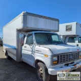1990 FORD E-350, DUALLY, SINGLE CAB, 14FT7IN X 8FT OVERCAB BOX