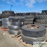 3 PALLETS. 10EA HEAVY TRUCK AND TRAILER TIRES, INCLUDING: 11-22.5, 295/75R22.5, WITH WHEELS
