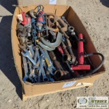 1 BOX. MISC SHOP TOOLS INCL: 1EA PORTA-POWER, MISC GRINDERS, MISC SOCKETS WRENCHES AND C-CLAMPS