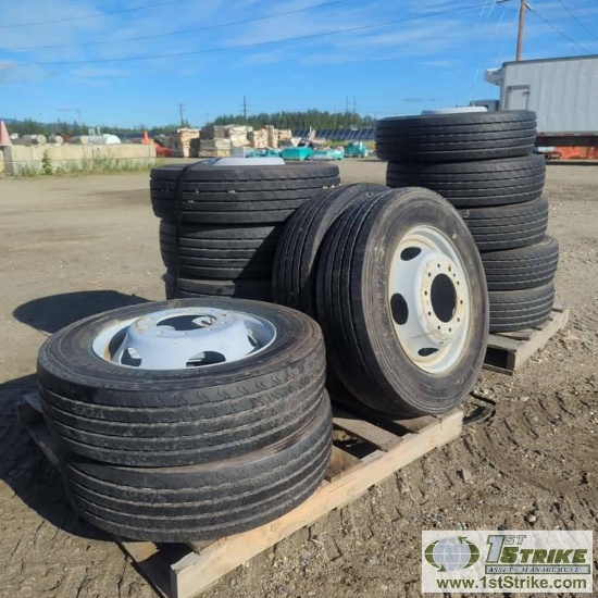 2 PALLETS. 13EA TRUCK OR TRAILER TIRES, 225/70R19.5, CONTINENTAL CONTI HYBRID HS3, MTD ON FORD DUALL