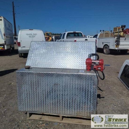 TRUCK BED FUEL TANK, 85 GAL, L-TYPE, ALUMINUM CONSTRUCTION,  W/TOOL BOX, FILL-RITE 15GPM 12 VOLT PUM