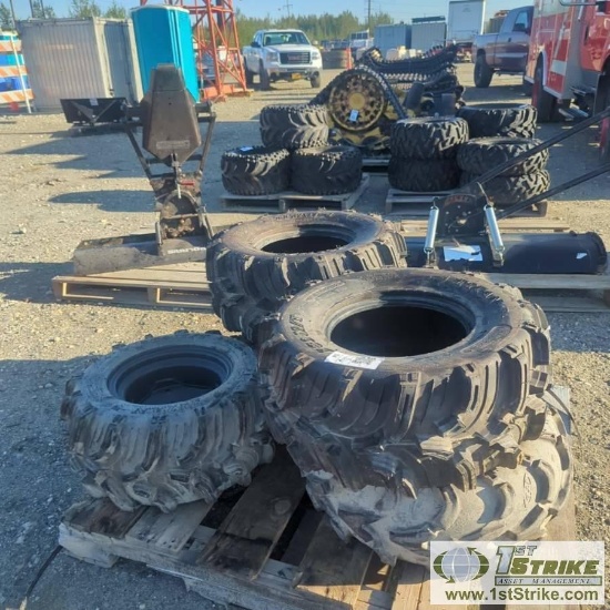 1 PALLET. MISC ATV TIRES, INCLUDING: 3EA 26X12-12, 2EA 25X10-12 ON WHEELS