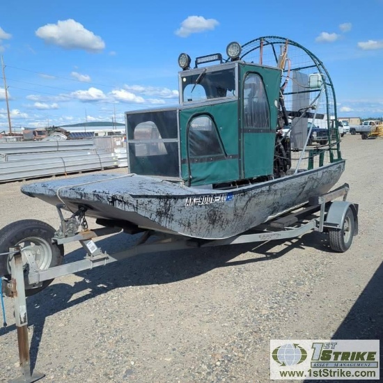 AIRBOAT, 1975, 16FT ALUMINUM HULL, 7FT BEAM, SUBARU POWERED, WARP DRIVE PROP, W/2010 SINGLE AXLE TRA