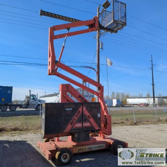 ELECTRIC MANLIFT, 1985 ROTO ZOOM 40, 24V, 350LB CAPACITY, 34FT MAX PLATFORM HEIGHT
