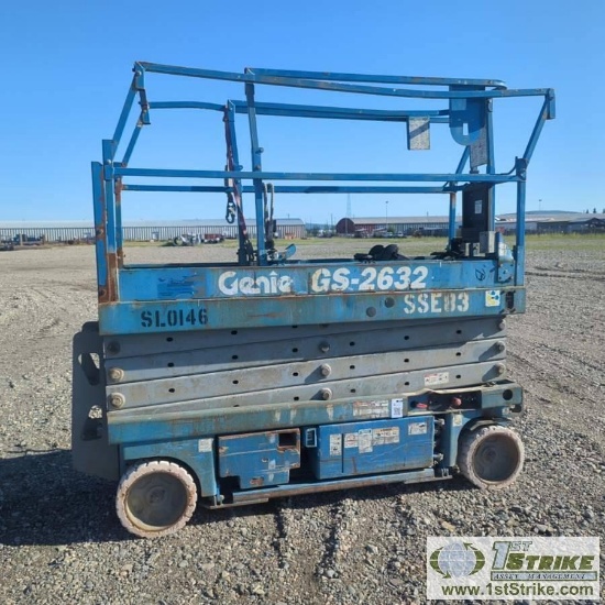 ELECTRIC SCISSOR LIFT, GENIE GS2632, 26FT WORKING HEIGHT, 500LB MAX WEIGHT CAPACITY, OR 250LB WITH P