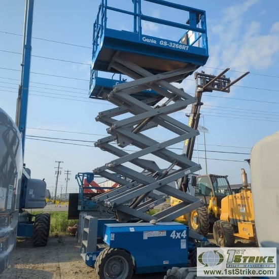 ROUGH TERRAIN SCISSOR LIFT, 2007 GENIE GS-3268RT, PERKINS DIESEL, 4X4, 32FT MAX HEIGHT