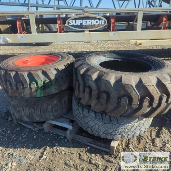 1 PALLET. MISC TIRES, INCLUDING: 2EA 10-16.5 ON WHEEL, 1EA 265/70R17 ON WHEEL, 1EA 12.5/80-18 ON WHE