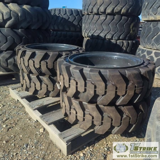 4 EACH. SKIDSTEER TIRES, SOLID CORE, WITH 8 LUG WHEELS. THESE ITEMS APPEAR UNUSED