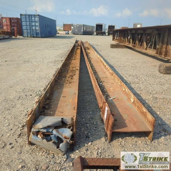 2 EACH. STEEL I-BEAMS, APPROX 11IN X 18IN X 53FT LONG, VISIBLE DAMAGE