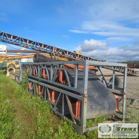 JUMP CONVEYOR, SUPER CONVEYOR MODEL 3660, 36IN X 50FT, WITH EXTRA BELT. MISSING MOTOR AND HARDWARE
