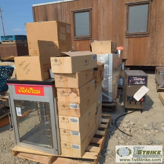 3 PALLETS. MISC KITCHEN EQUIPMENT INCL: PIZZA WARMING RACK, TEA DISPLAYS, VITALITY COFFEE MAKER, MIS