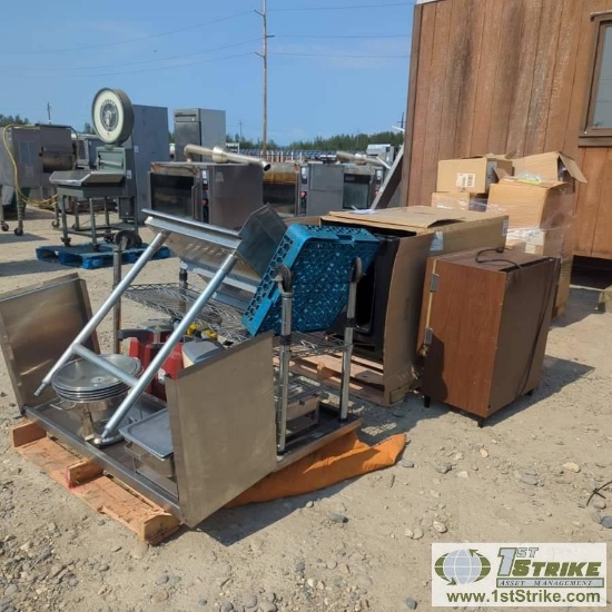 3 PALLETS. MISC KITCHEN EQUIPMENT INCL: STAINLESS STEEL CART AND COUNTER TOP PIECES, SOAP DISPENSERS