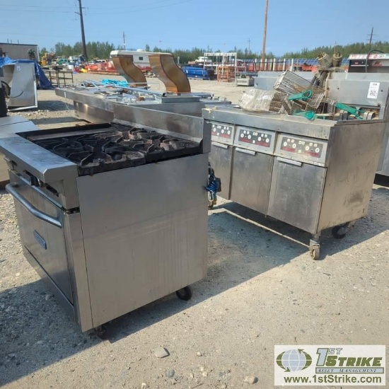 MISC COMMERCIAL KITCHEN EQUIPMENT INCL: 1EA DEEP FRYER, 3 BAY, ELECTRIC, 1EA RANGE/OVEN, ROYAL, GAS
