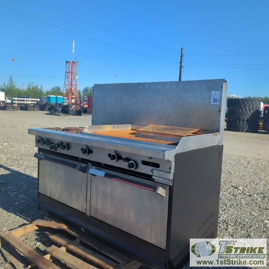 COMMERCIAL GAS RANGE, GARLAND, DOUBLE OVEN, RANGE AND GRIDDLE SECTION