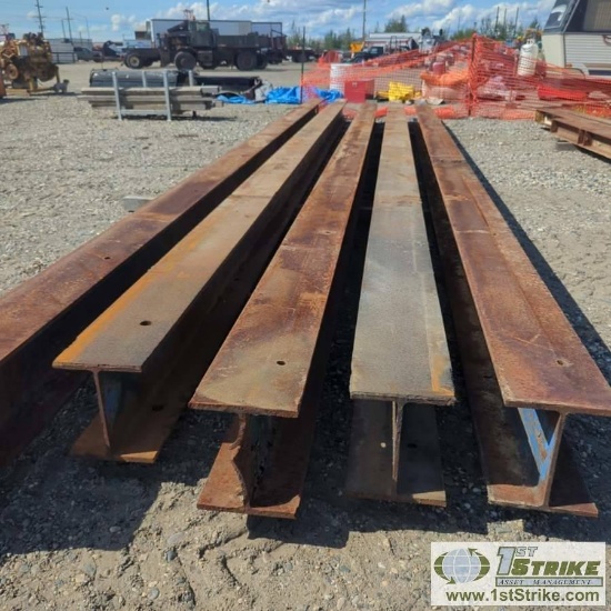1 ASSORTMENT. STEEL I-BEAMS, INCLUDING: 4EA 10IN X 12IN X 30FT WITH ADDITIONAL 33IN STUB, 1EA 10IN X