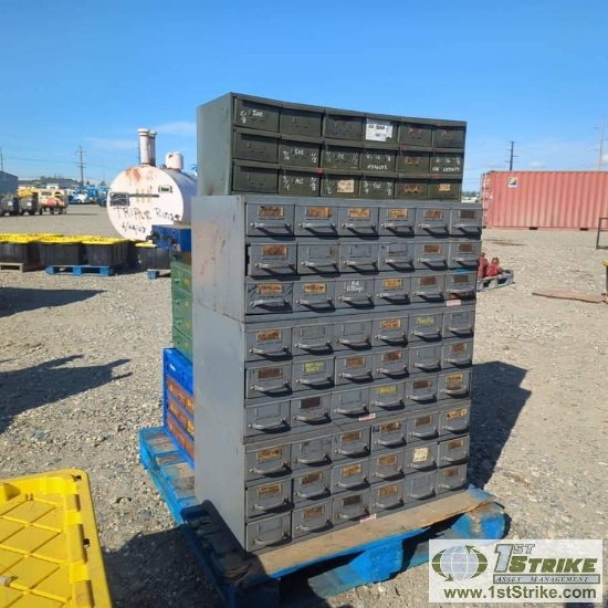 1 PALLET. HARDWARE CABINETS W/CONTENTS INCL: NUTS, BOLTS, BEARINGS, ELECTRICAL CONNECTORS
