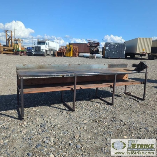 SHOP BENCH, STEEL CONSTRUCTION, APPROX 11FT LONG X 31IN DEEP X 34IN HIGH, W/RIDGE TOOL CO VICE