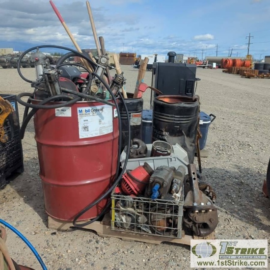 2 PALLET. MISC TOOLS AND PARTS INCL: PNEUMATIC LUBE PUMPS, TIRE CHAINS, WIPER BLADES, PINTLE HITCHES