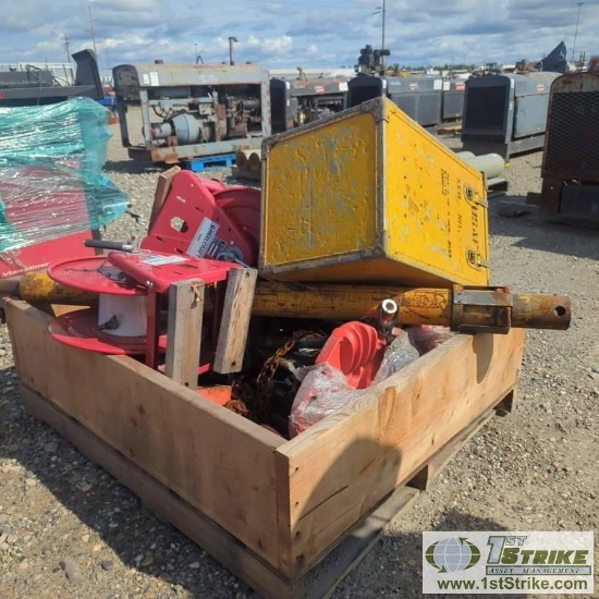 1 PALLET. MISC TOOLS INCL: HOSE REELS, HOISTS, PIPE STANDS