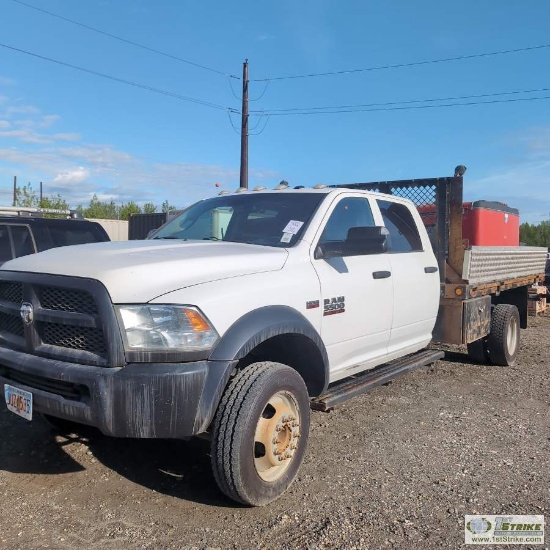 2015 RAM 5500, 6.4L GAS, 4X4, DUALLY, CREW CAB, 12FT 3IN X 8FT FLATBED WITH BUILT IN BED RAIL RAMPS