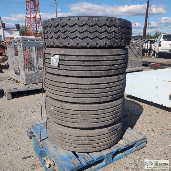 5 EACH. HEAVY TRUCK OR TRAILER TIRES, 275/70R22.5, INCLUDING: 4EA HANKOOK, 1EA BRIDGESTONE. ITEMS AP