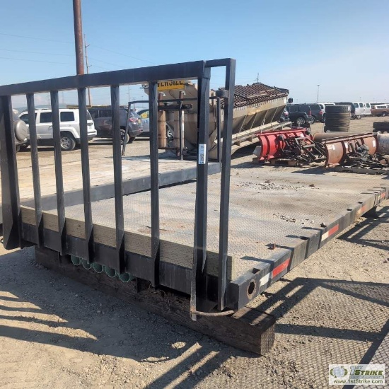 HEAVY TRUCK FLATBED, 8FT WIDE X 15FT LONG, STEEL CONSTRUCTION, W/STEEL DECK, HEADACHE RACK
