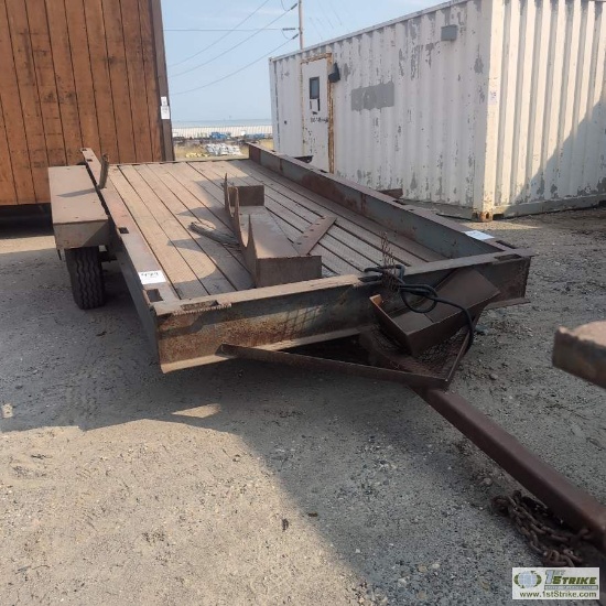 UTILITY TRAILER, 14FT X 5FT 8IN DECK, TANDEM AXLE. TONGUE DAMAGE, NEEDS REPAIR TO TOW. NO TITLE