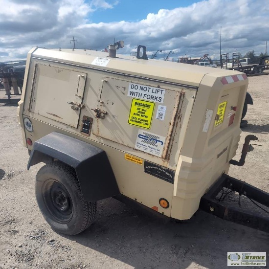 AIR COMPRESSOR, 2012 INGERSOLL RAND P185, JOHN DEERE DIESEL ENGINE, SINGLE AXLE TRAILER MOUNTED
