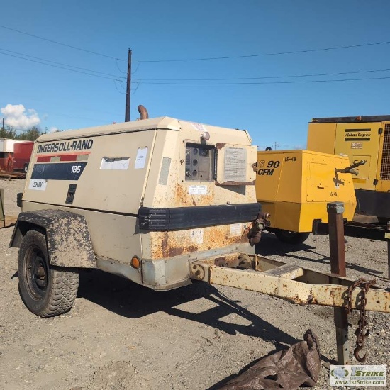 AIR COMPRESSOR, 1998 INGERSOLL RAND 185, JOHN DEERE DIESEL ENGINE, SINGLE AXLE TRAILER MOUNTED