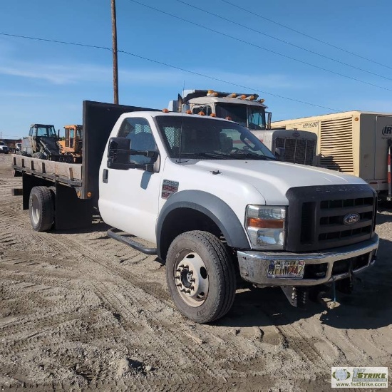 2008 FORD F-450 SUPERDUTY XL, 6.4L POWERSTROKE, 4X4, DUALLY, REGULAR CAB, 12FT FLATBED, BOSS PLOW MO