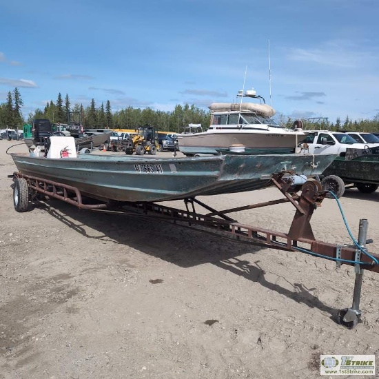 BOAT, OUACHITA, 24FT ALUMINUM HULL, 5FT 6IN BEAM, 115HP MERCURY JET OUTBOARD MOTOR, WITH SINGLE AXLE