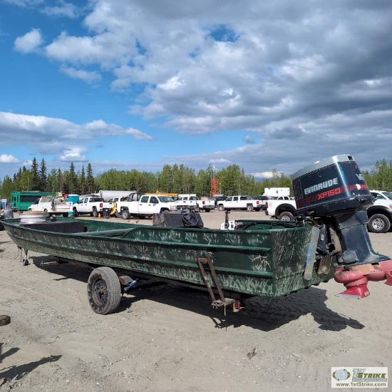 BOAT, 24FT ALUMINUM HULL, 6FT 2IN BEAM, RE-INFORCED TRANSOM, EVINRUDE XP150 OUTBOARD MOTOR, JET LOWE