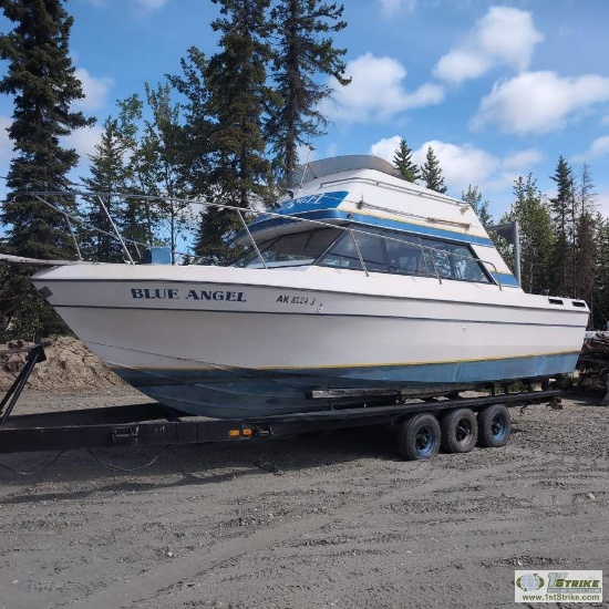 BOAT, BAYLINER CABIN CRUISER, 28FT FIBERGLASS HULL, APPROX 10FT BEAM, TWIN VOLVO PENTA 200C GAS ENGI