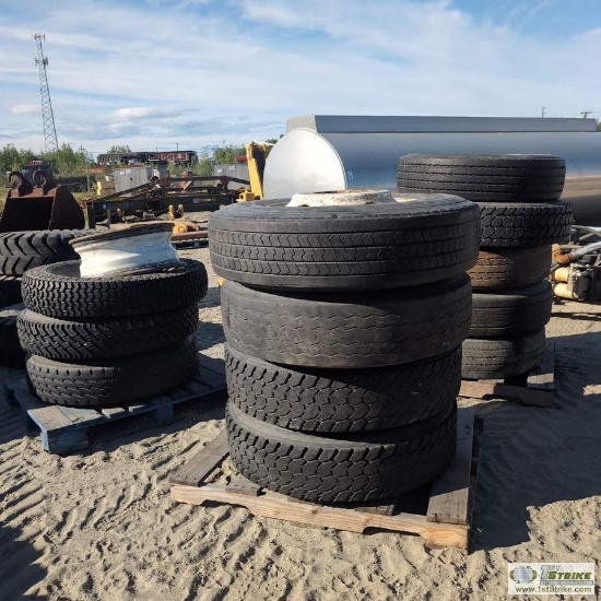 3 PALLETS. HEAVY TRUCK OR TRAILER TIRES AND WHEELS INCL: 11 R22.5, 295/75R22.5, 10.00-20