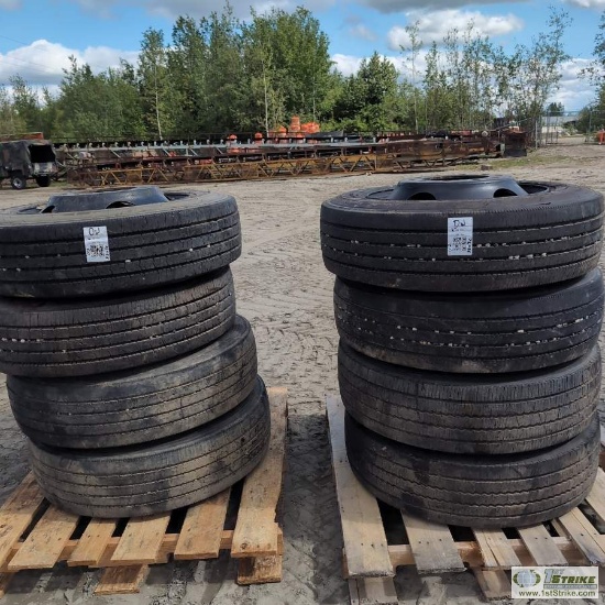 8 EACH. HEAVY TRUCK OR TRAILER TIRES, 255/70R22.5, BRIDGESTONE R 250 ED, WITH WHEELS