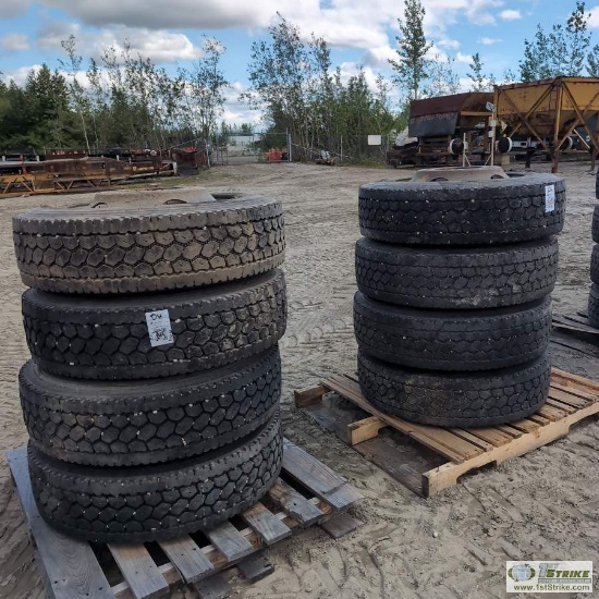 8 EACH. HEAVY TRUCK OR TRAILER TIRES INCL: 265/70R22.5, 255/70R22.5, BRIDGESTONE M726, WITH WHEELS