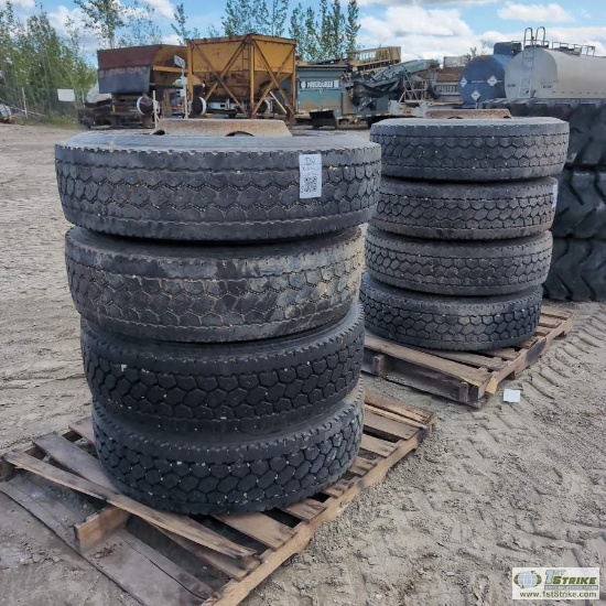 8 EACH. HEAVY TRUCK OR TRAILER TIRES INCL: 265/75R22.5, 255/70R22.5, WITH WHEELS