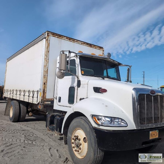 CURTAIN VAN BOX TRUCK, 2007 PETERBILT MODEL PB335, CAT C7, EATON FULLER TRANSMISSION, SINGLE REAR AX