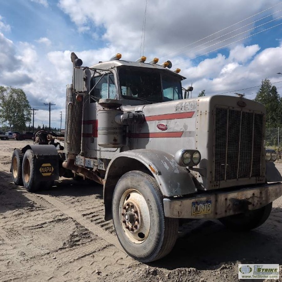 SEMI TRACTOR, 1979 PETERBILT 359-A, NO ENGINE, MANUAL TRANSMISSION ON PALLET, TANDEM REAR AXLES, WET